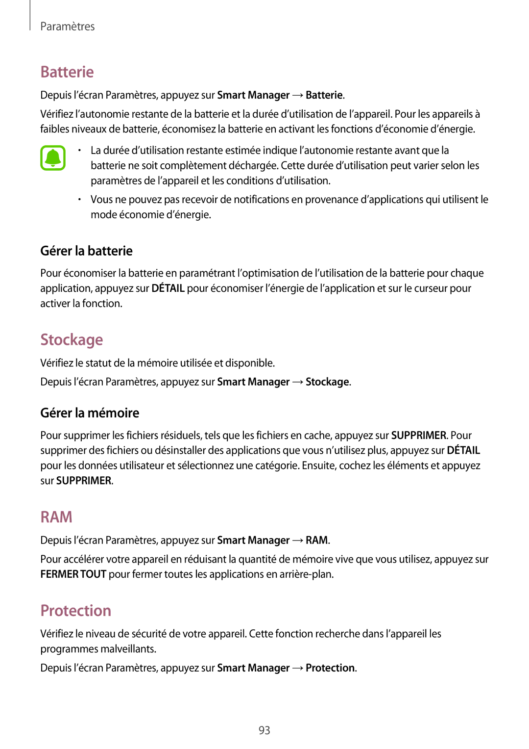 Samsung SM-P580NZKAXEF manual Batterie, Stockage, Protection, Gérer la batterie, Gérer la mémoire 