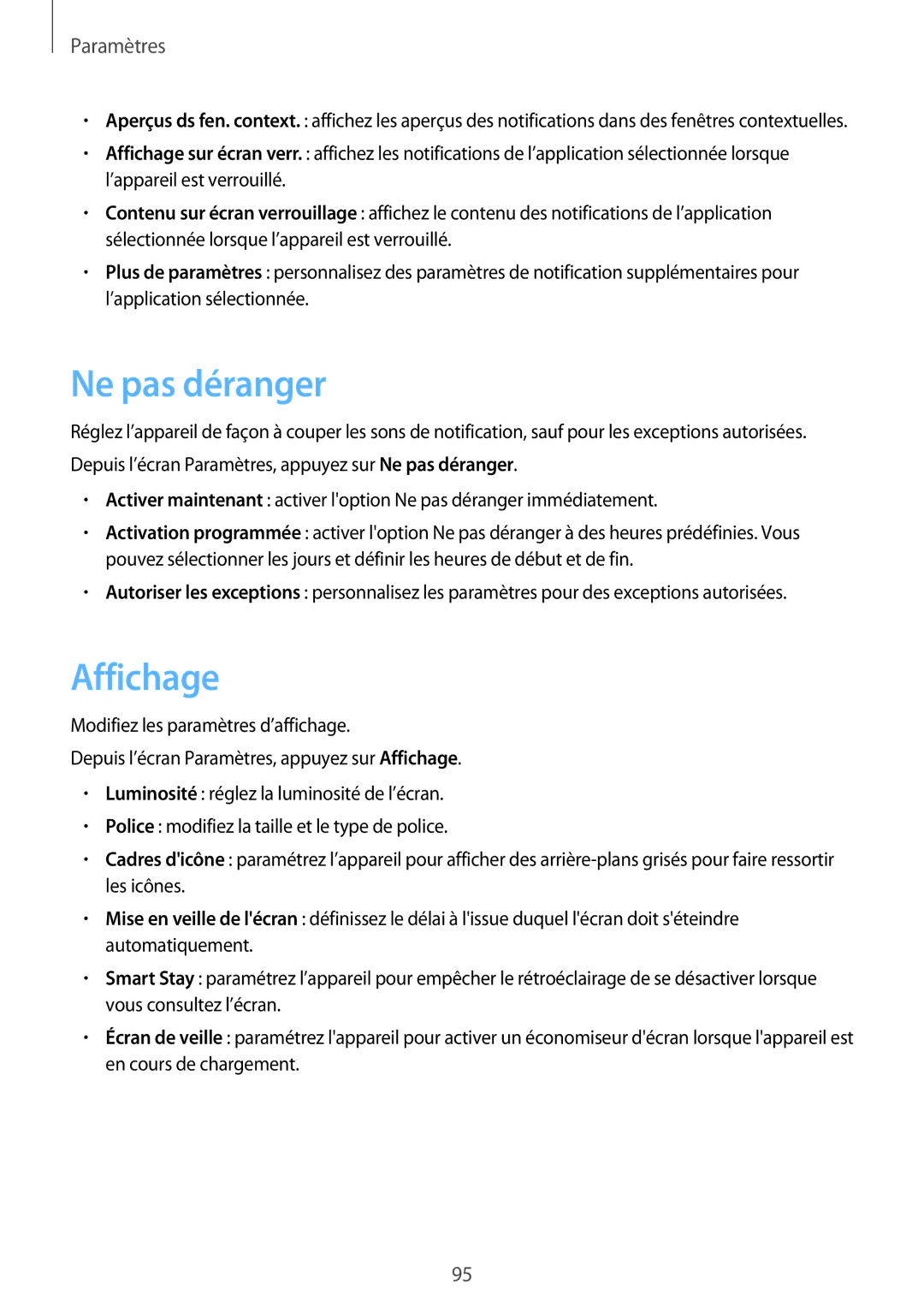 Samsung SM-P580NZKAXEF manual Ne pas déranger, Affichage 