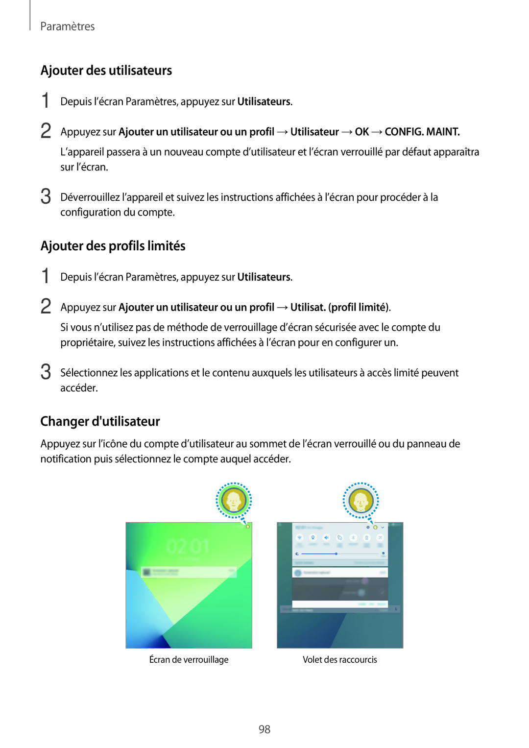 Samsung SM-P580NZKAXEF manual Ajouter des utilisateurs, Ajouter des profils limités, Changer dutilisateur 
