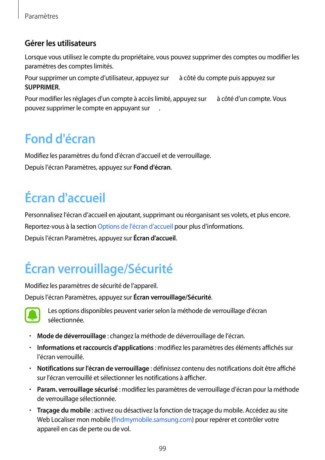 Samsung SM-P580NZKAXEF manual Fond décran, Écran daccueil, Écran verrouillage/Sécurité, Gérer les utilisateurs 