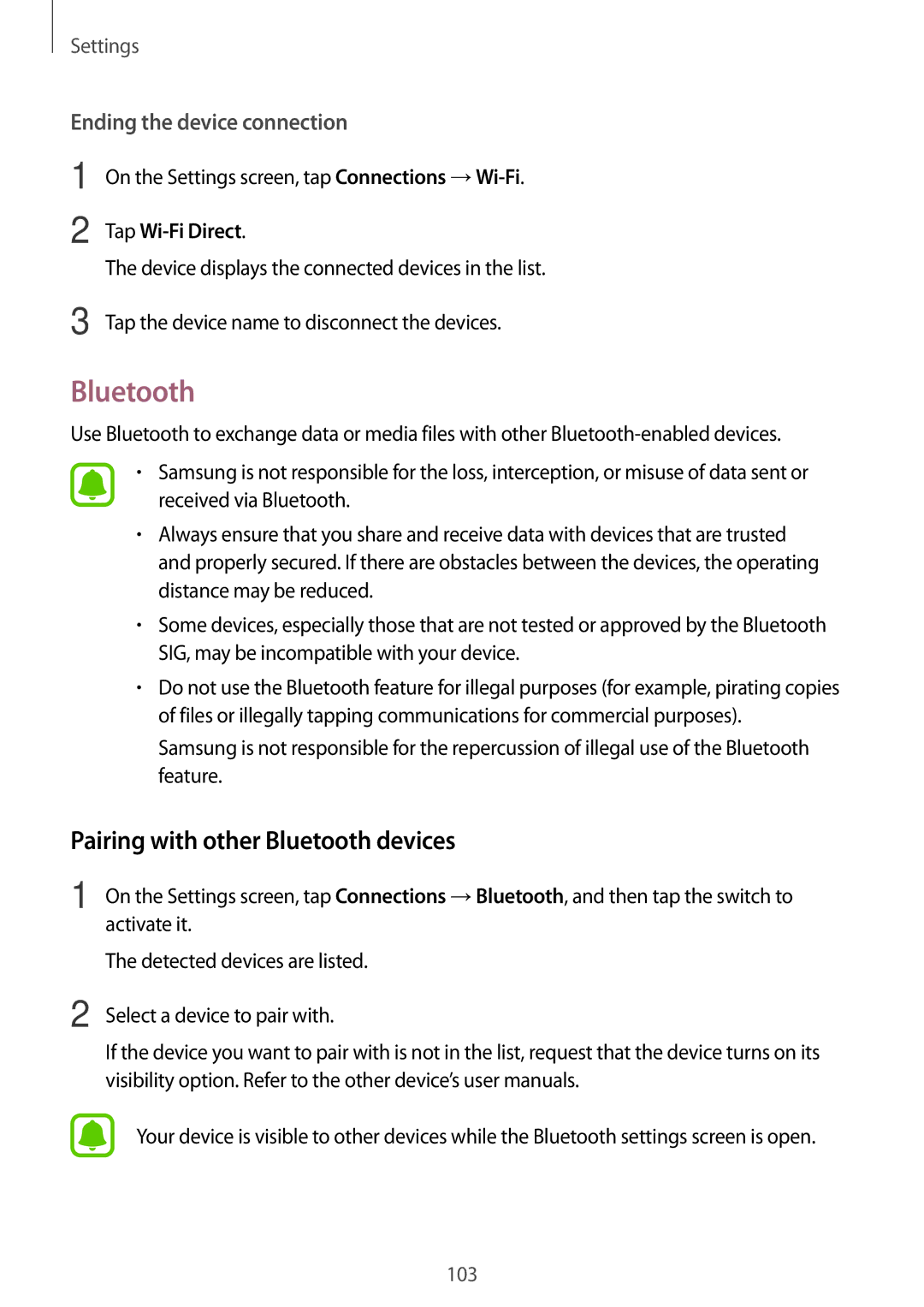 Samsung SM-P585YZKAXXV manual Pairing with other Bluetooth devices, On the Settings screen, tap Connections →Wi-Fi 