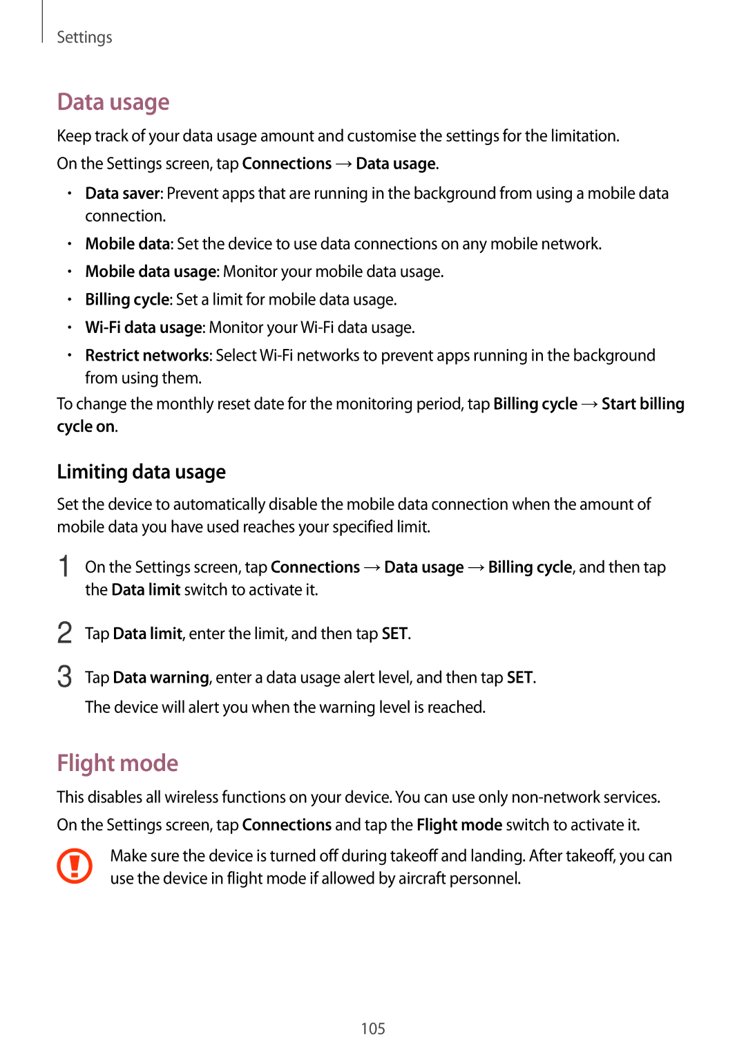 Samsung SM-P585NZWAKSA Data usage, Flight mode, Limiting data usage, Tap Data limit, enter the limit, and then tap SET 