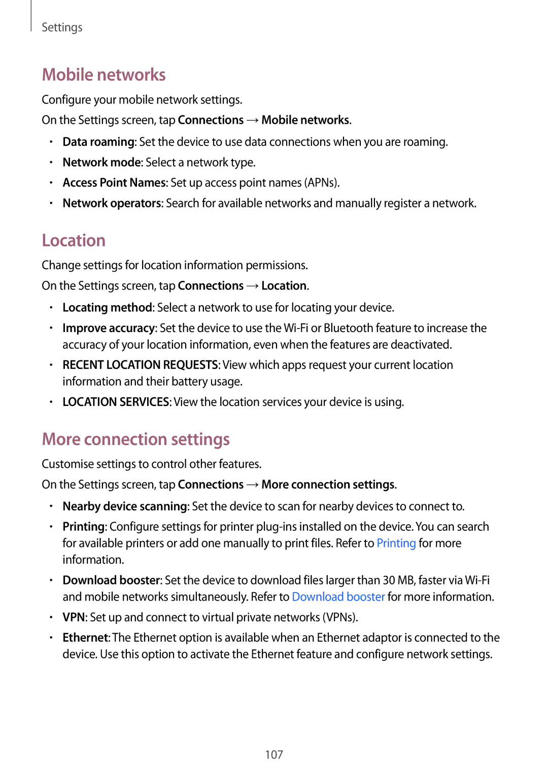 Samsung SM-P585YZKAXXV Mobile networks, Location, More connection settings, Customise settings to control other features 