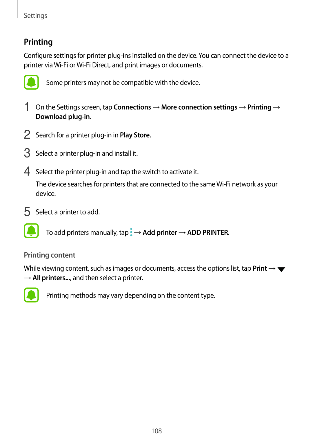 Samsung SM-P585NZKAKSA, SM-P585NZWAKSA, SM-P585YZWAXXV, SM-P585YZKAXXV manual Printing content 