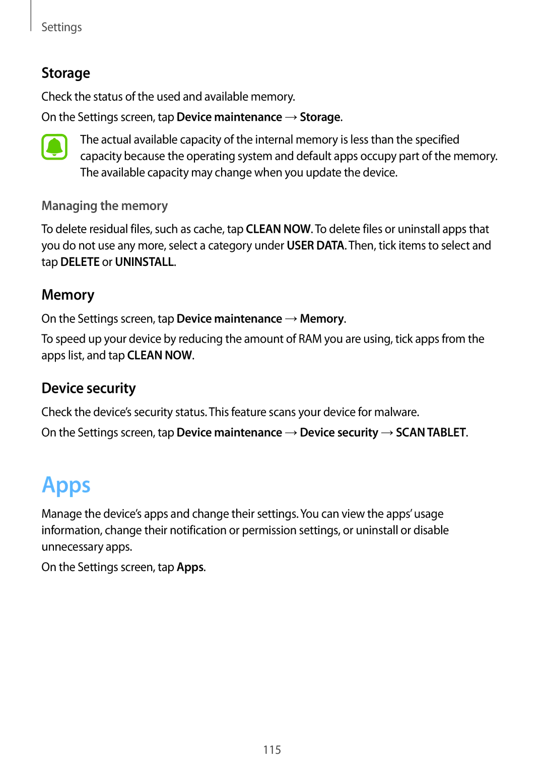 Samsung SM-P585YZKAXXV, SM-P585NZKAKSA, SM-P585NZWAKSA, SM-P585YZWAXXV manual Apps, Storage, Memory, Device security 