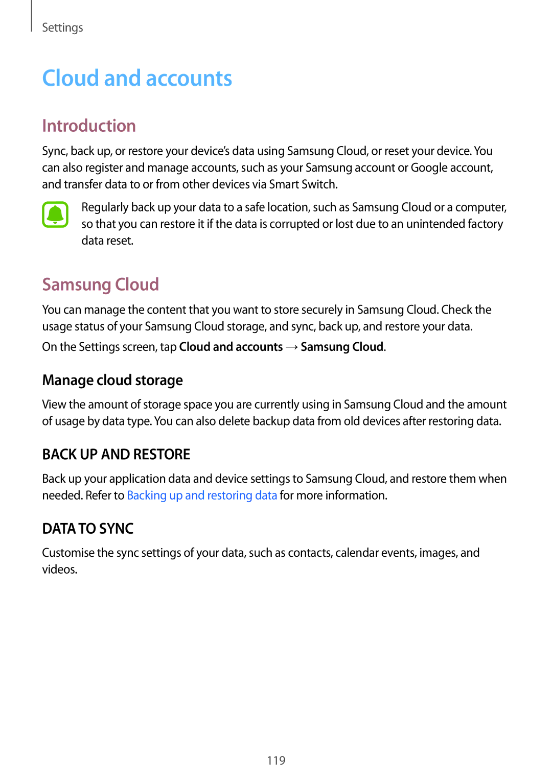 Samsung SM-P585YZKAXXV, SM-P585NZKAKSA, SM-P585NZWAKSA manual Cloud and accounts, Samsung Cloud, Manage cloud storage 