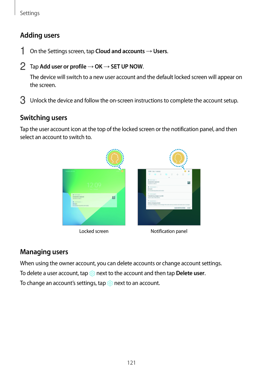 Samsung SM-P585NZWAKSA manual Adding users, Switching users, Managing users, Tap Add user or profile →OK →SET UP NOW 