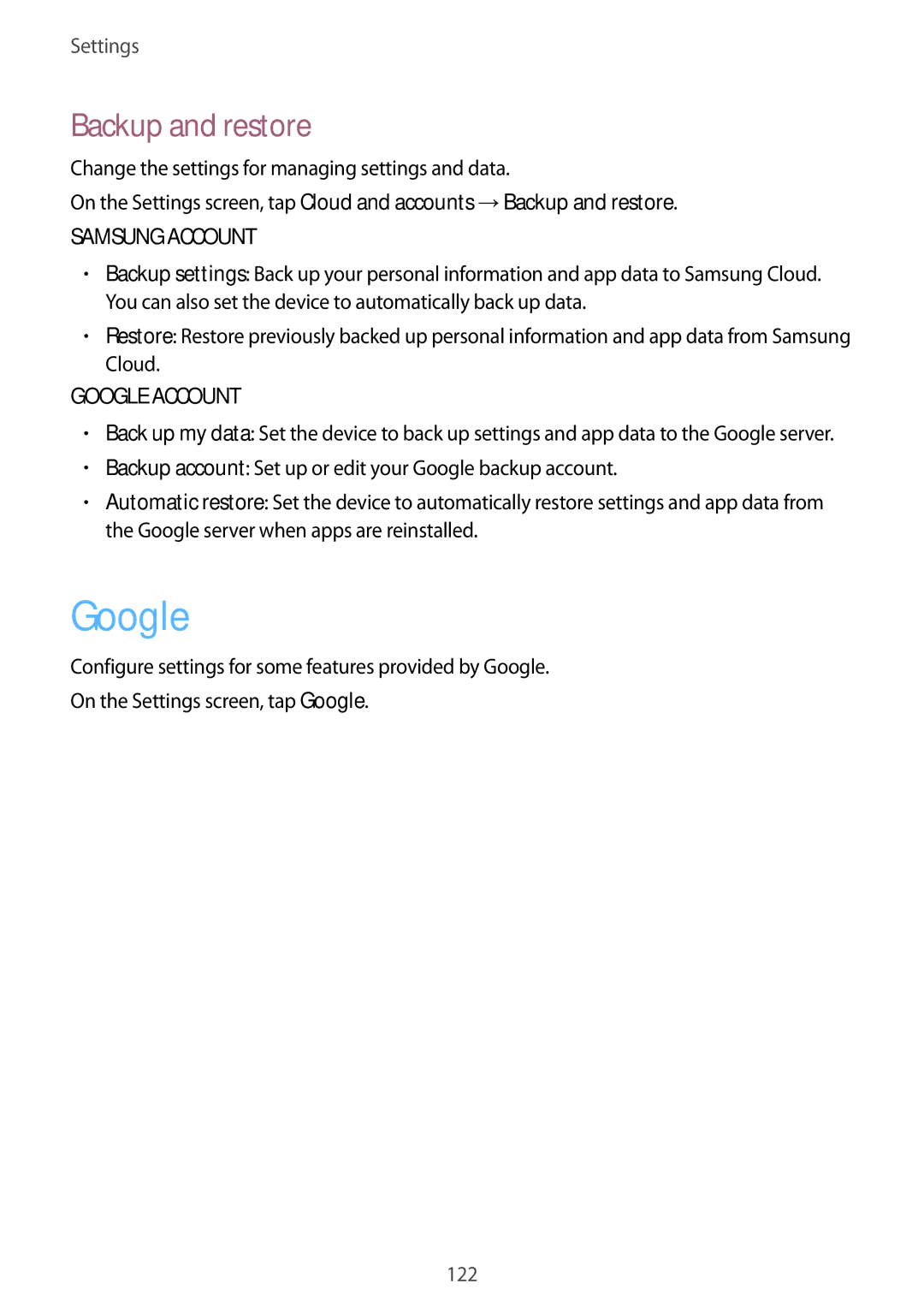 Samsung SM-P585YZWAXXV, SM-P585NZKAKSA manual Google, Backup and restore, Change the settings for managing settings and data 