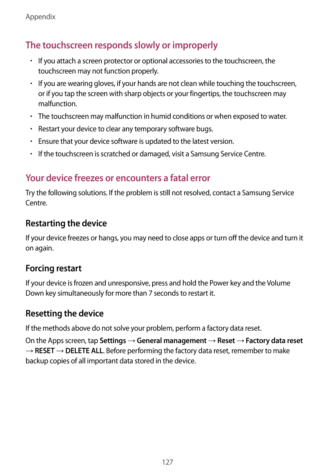 Samsung SM-P585YZKAXXV, SM-P585NZKAKSA, SM-P585NZWAKSA, SM-P585YZWAXXV manual Forcing restart, Resetting the device 