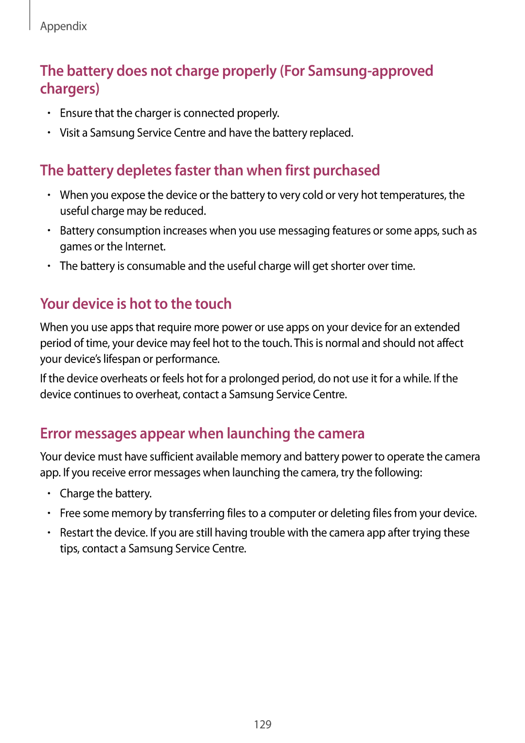 Samsung SM-P585NZWAKSA, SM-P585NZKAKSA manual Battery depletes faster than when first purchased, Charge the battery 