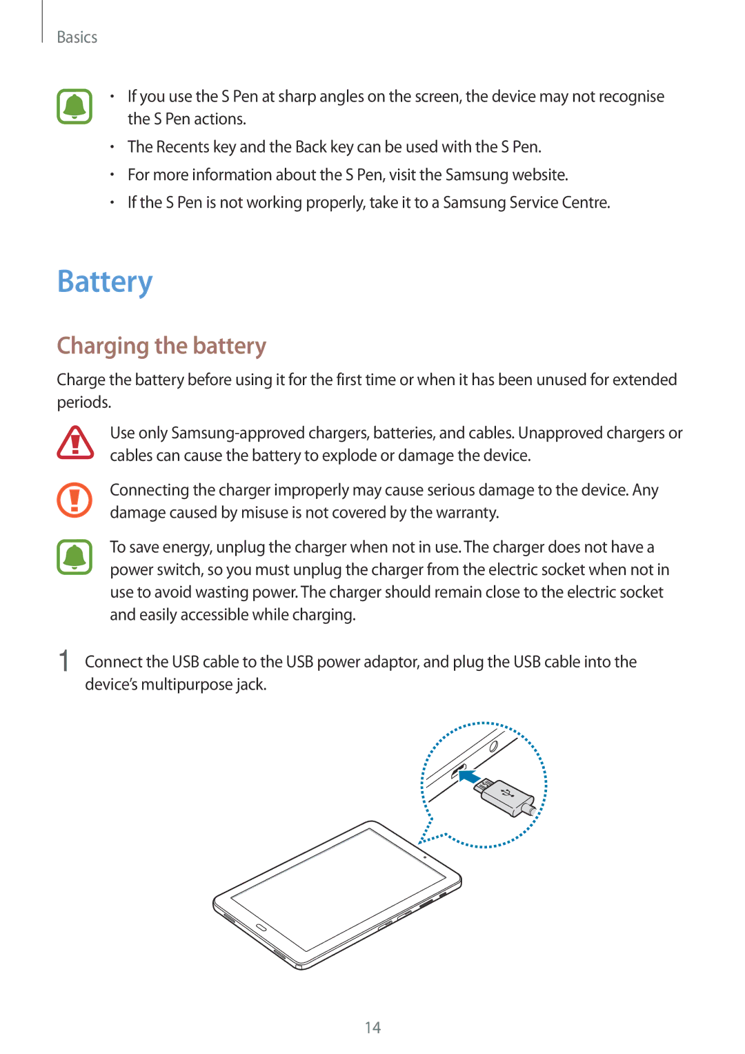 Samsung SM-P585YZWAXXV, SM-P585NZKAKSA, SM-P585NZWAKSA, SM-P585YZKAXXV manual Battery, Charging the battery 