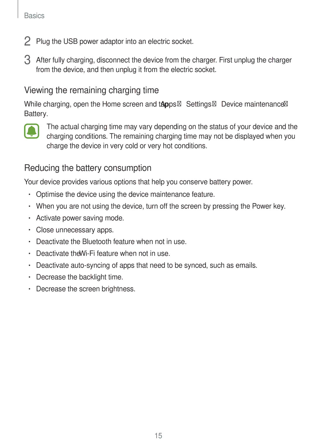 Samsung SM-P585YZKAXXV, SM-P585NZKAKSA manual Viewing the remaining charging time, Reducing the battery consumption 