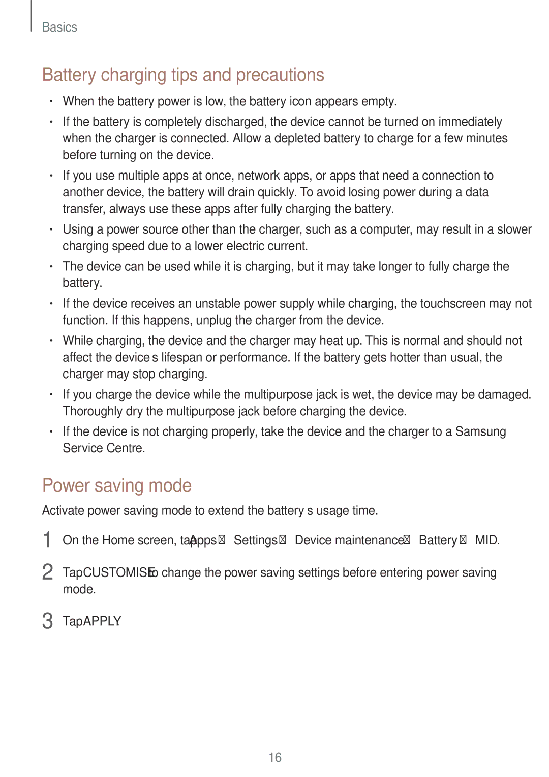 Samsung SM-P585NZKAKSA, SM-P585NZWAKSA, SM-P585YZWAXXV manual Battery charging tips and precautions, Power saving mode 