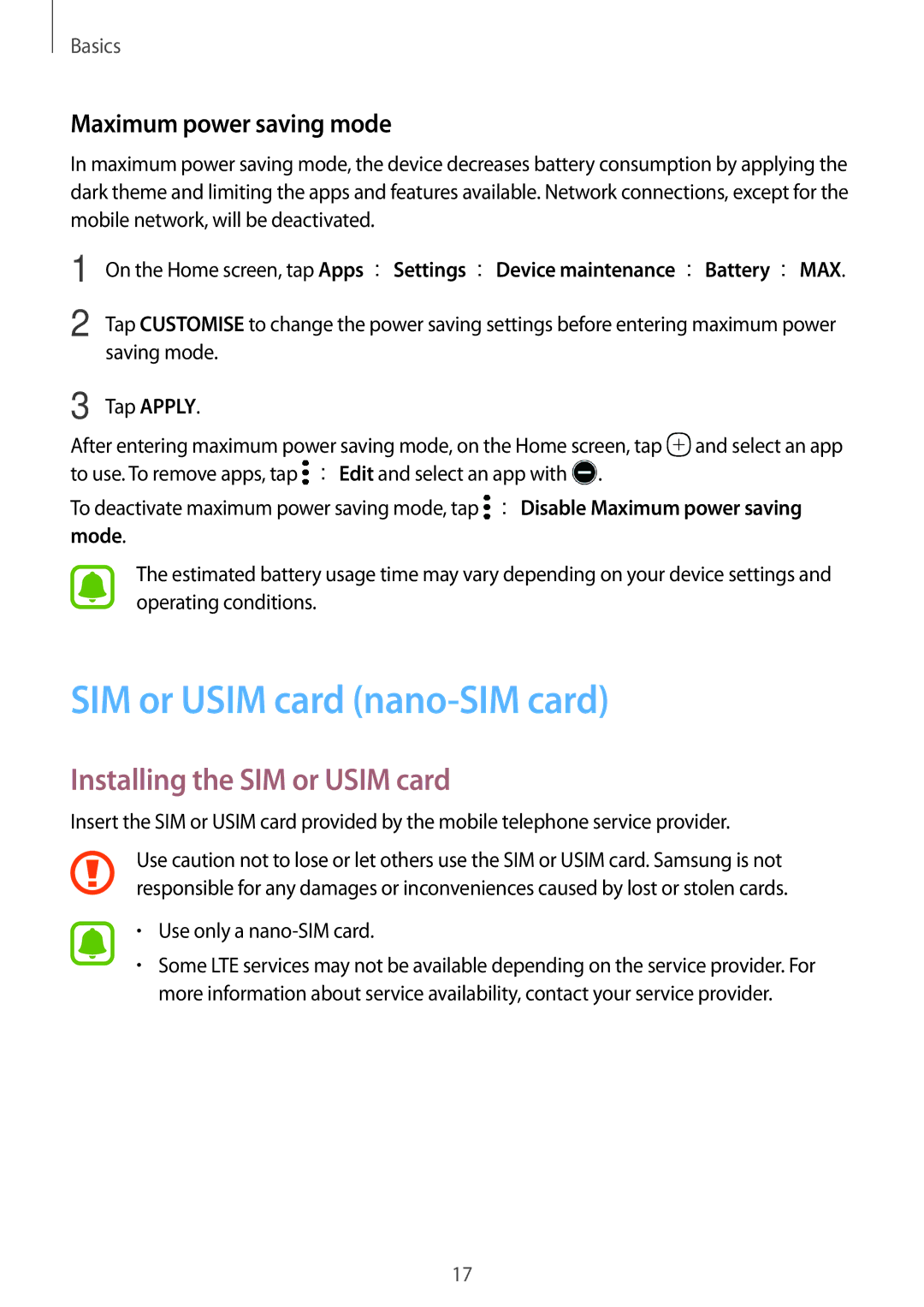 Samsung SM-P585NZWAKSA SIM or Usim card nano-SIM card, Installing the SIM or Usim card, Maximum power saving mode, Mode 