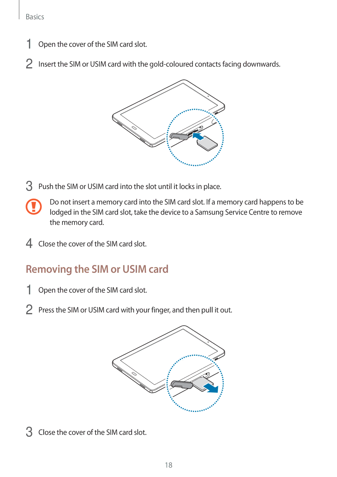 Samsung SM-P585YZWAXXV, SM-P585NZKAKSA, SM-P585NZWAKSA, SM-P585YZKAXXV manual Removing the SIM or Usim card 