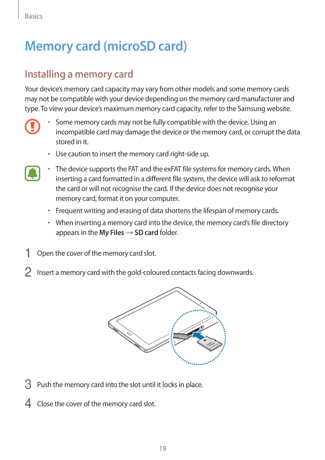 Samsung SM-P585YZKAXXV, SM-P585NZKAKSA, SM-P585NZWAKSA, SM-P585YZWAXXV Memory card microSD card, Installing a memory card 