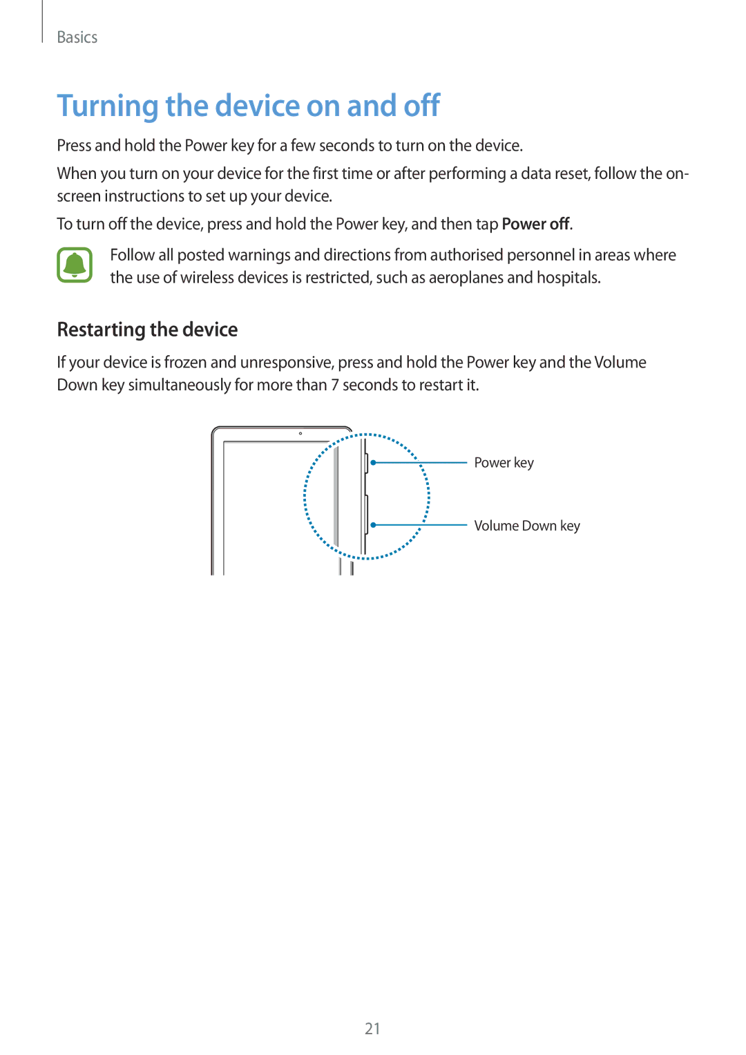 Samsung SM-P585NZWAKSA, SM-P585NZKAKSA, SM-P585YZWAXXV, SM-P585YZKAXXV Turning the device on and off, Restarting the device 