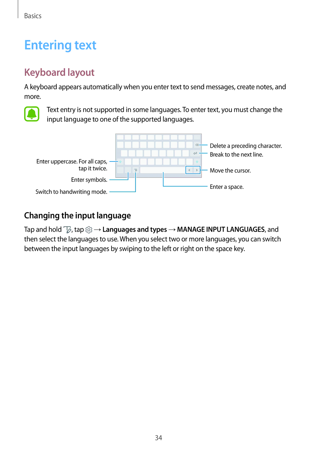 Samsung SM-P585YZWAXXV, SM-P585NZKAKSA, SM-P585NZWAKSA manual Entering text, Keyboard layout, Changing the input language 