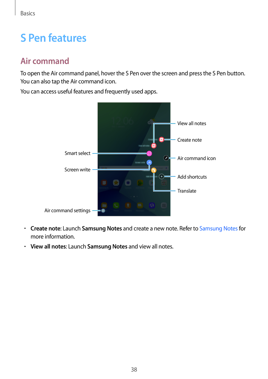 Samsung SM-P585YZWAXXV, SM-P585NZKAKSA Pen features, Air command, View all notes Launch Samsung Notes and view all notes 