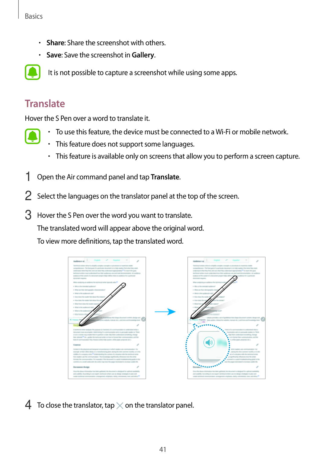 Samsung SM-P585NZWAKSA, SM-P585NZKAKSA, SM-P585YZWAXXV manual Translate, Hover the S Pen over a word to translate it 