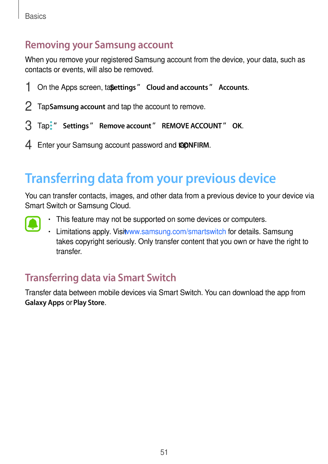 Samsung SM-P585YZKAXXV, SM-P585NZKAKSA manual Transferring data from your previous device, Removing your Samsung account 