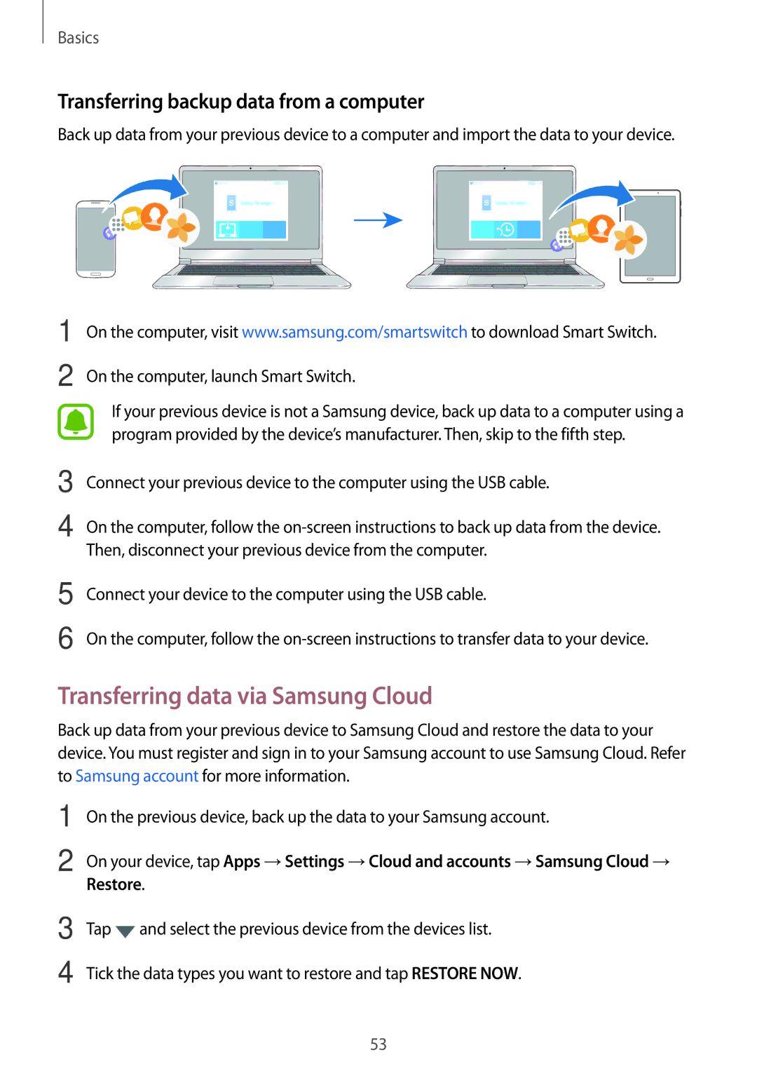 Samsung SM-P585NZWAKSA, SM-P585NZKAKSA manual Transferring data via Samsung Cloud, Transferring backup data from a computer 