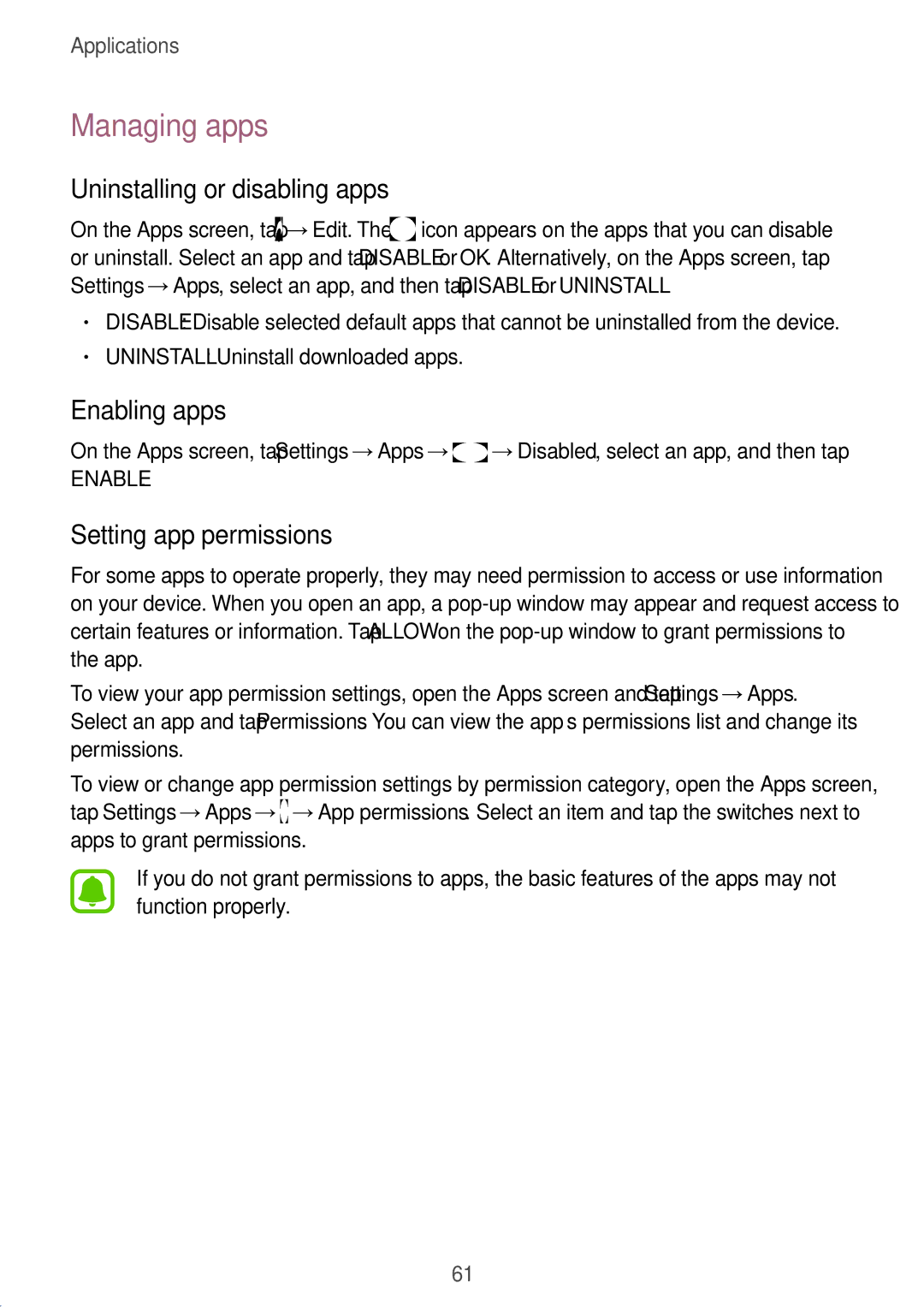 Samsung SM-P585NZWAKSA manual Managing apps, Uninstalling or disabling apps, Enabling apps, Setting app permissions 