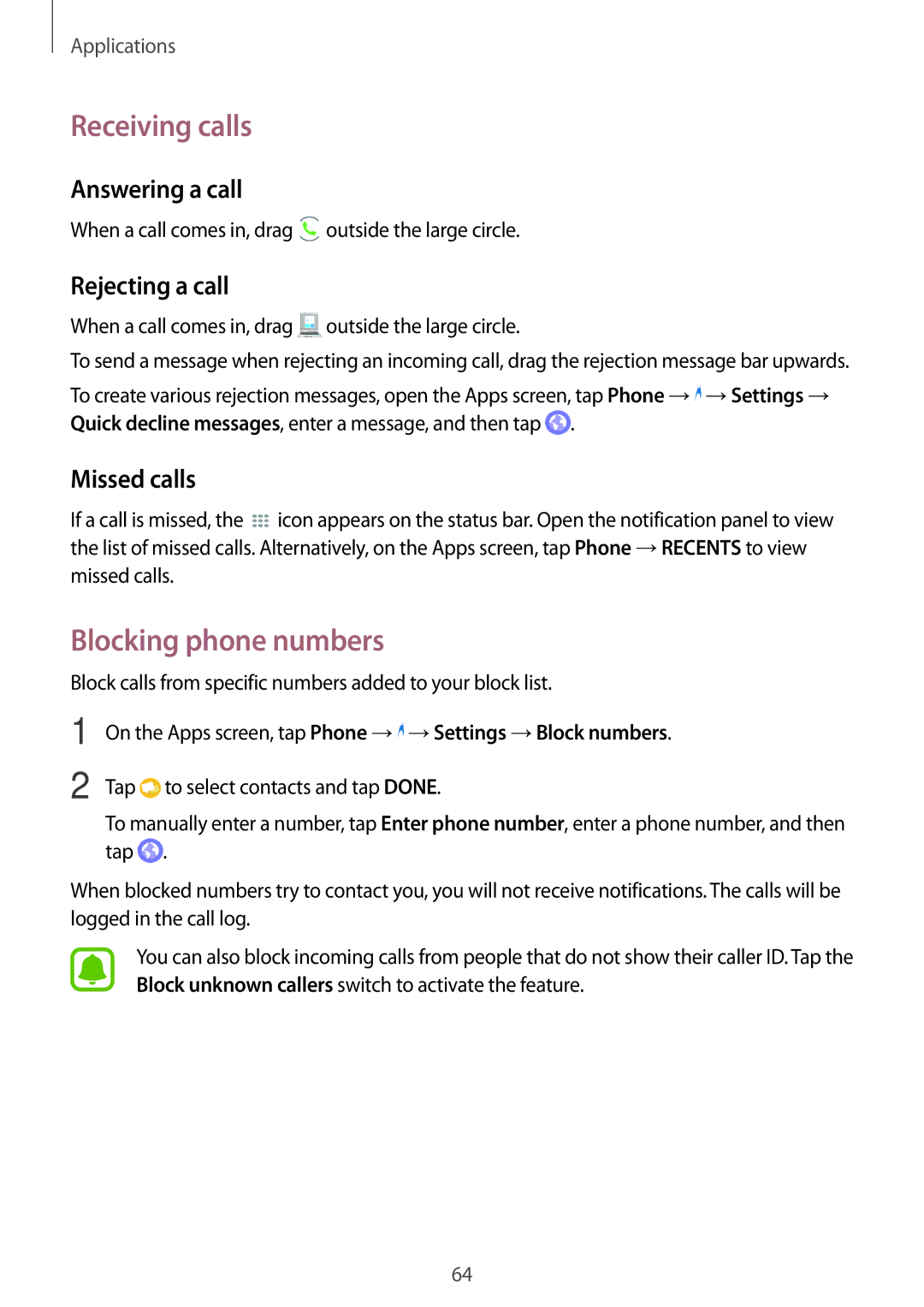 Samsung SM-P585NZKAKSA manual Receiving calls, Blocking phone numbers, Answering a call, Rejecting a call, Missed calls 