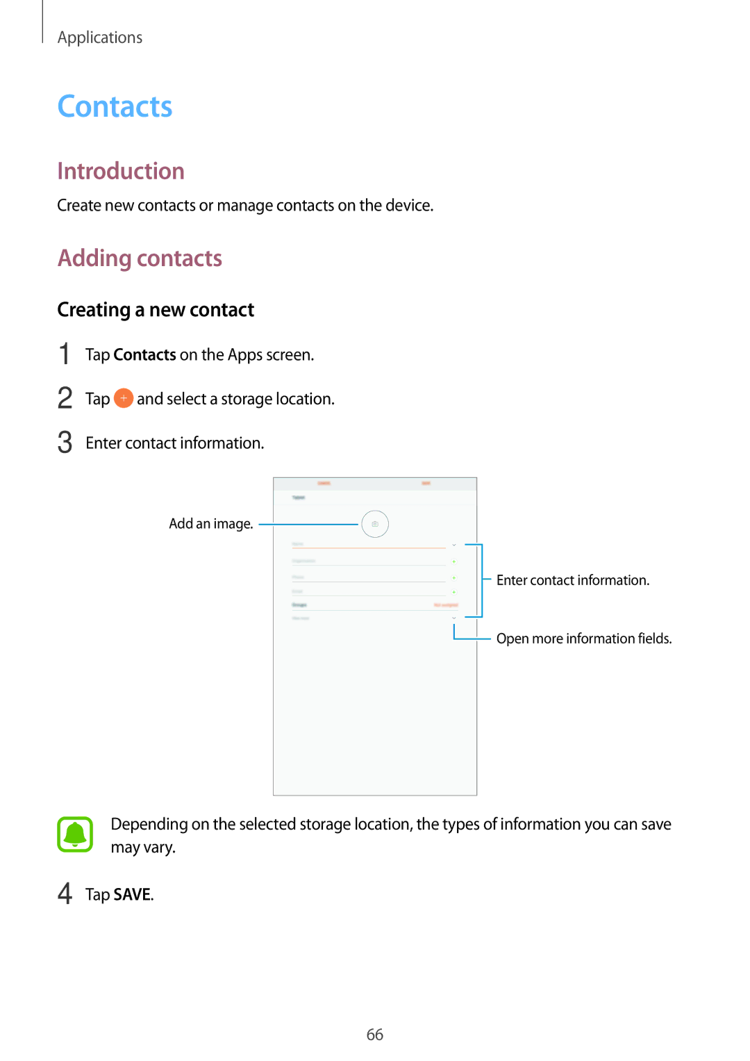 Samsung SM-P585YZWAXXV, SM-P585NZKAKSA, SM-P585NZWAKSA, SM-P585YZKAXXV Contacts, Adding contacts, Creating a new contact 