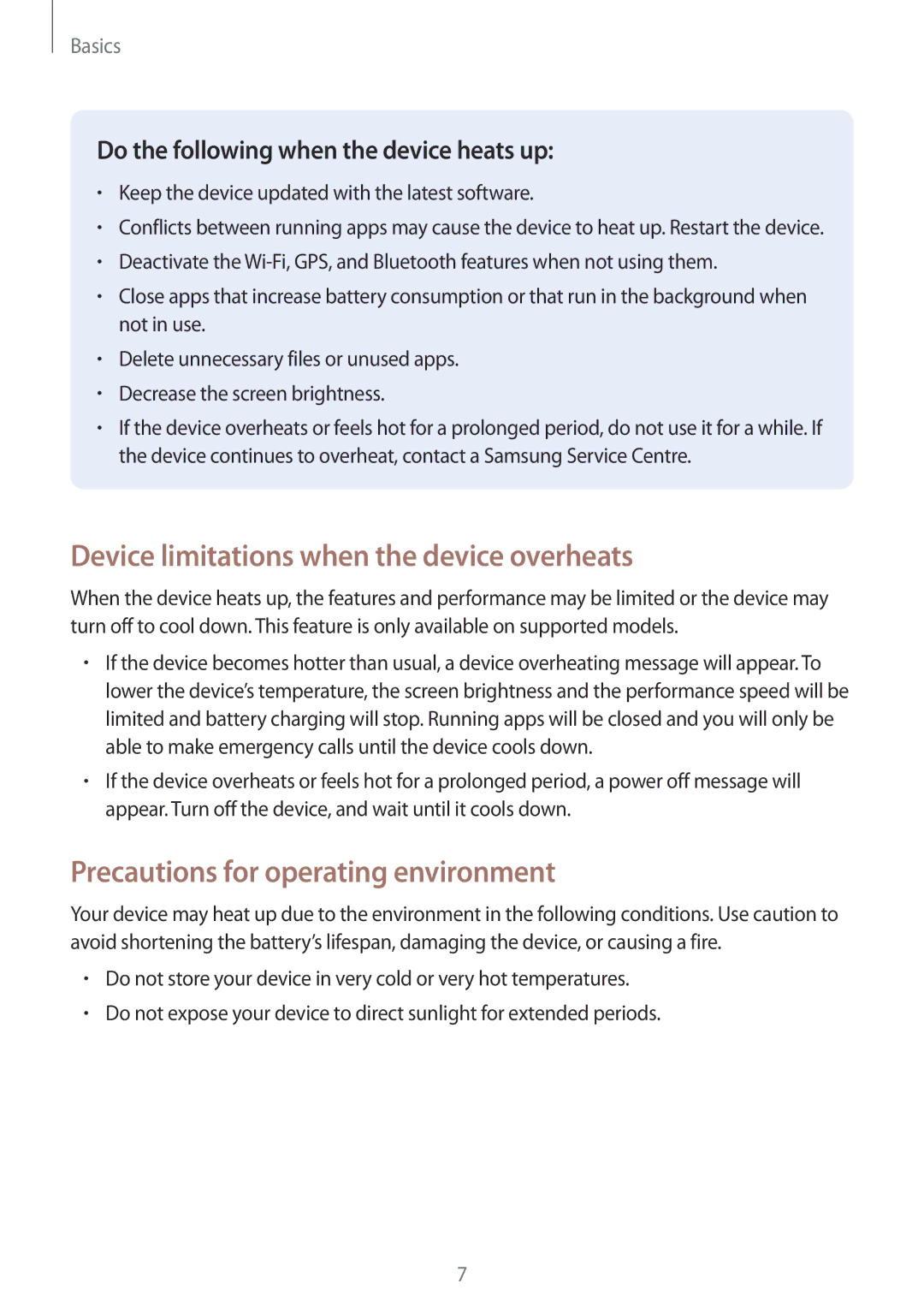 Samsung SM-P585YZKAXXV, SM-P585NZKAKSA Device limitations when the device overheats, Precautions for operating environment 