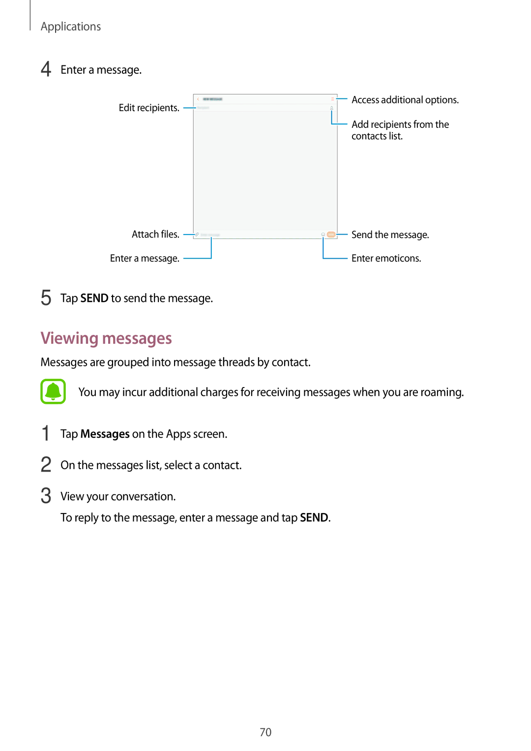 Samsung SM-P585YZWAXXV, SM-P585NZKAKSA, SM-P585NZWAKSA manual Viewing messages, Enter a message, Tap Send to send the message 