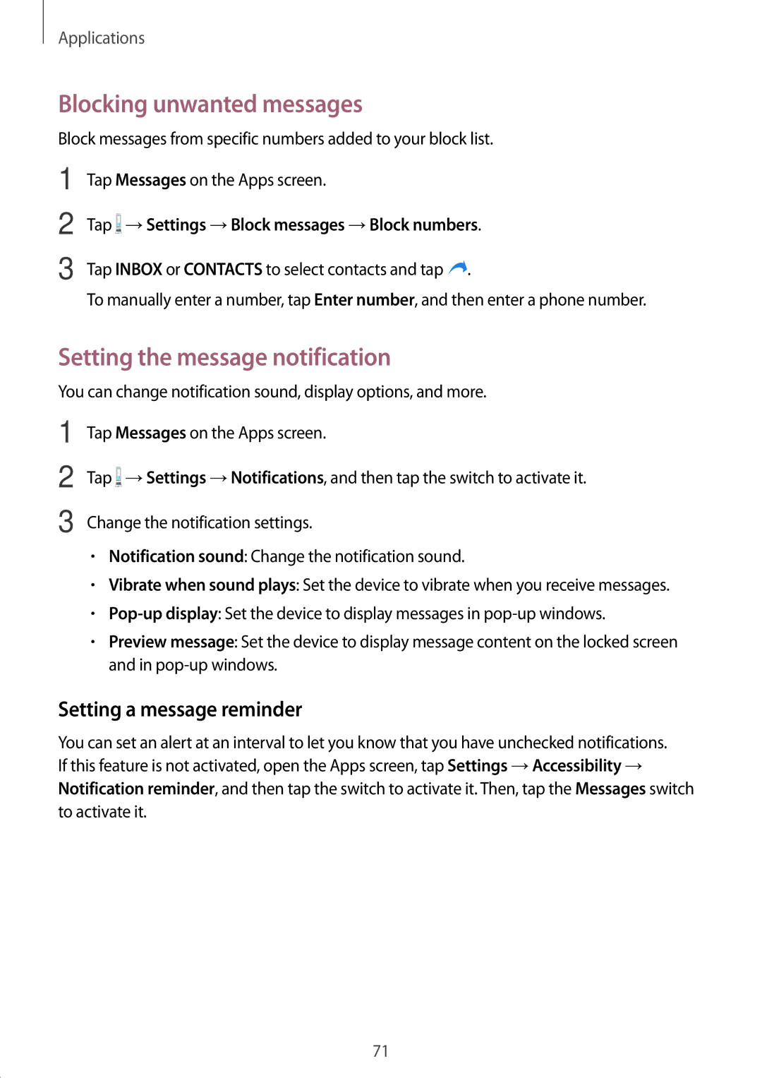 Samsung SM-P585YZKAXXV manual Blocking unwanted messages, Setting the message notification, Setting a message reminder 