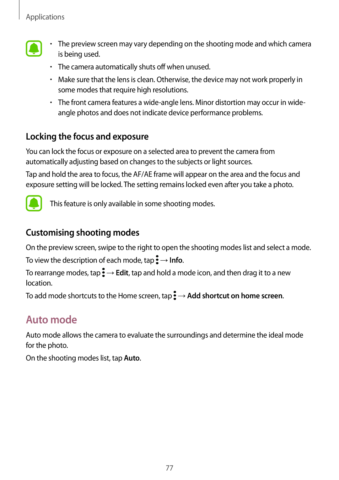 Samsung SM-P585NZWAKSA, SM-P585NZKAKSA manual Auto mode, Locking the focus and exposure, Customising shooting modes 