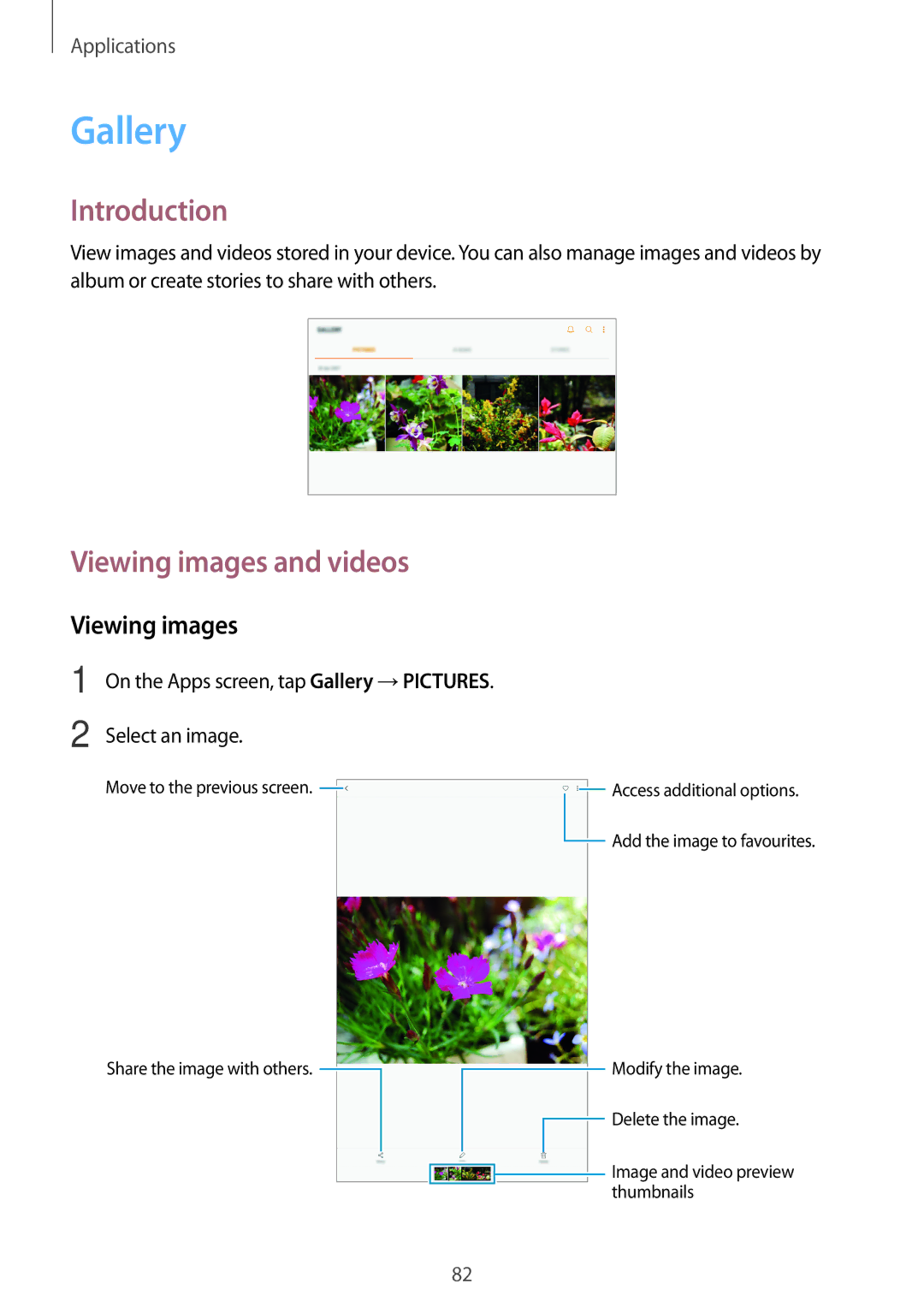 Samsung SM-P585YZWAXXV manual Viewing images and videos, On the Apps screen, tap Gallery →PICTURES Select an image 