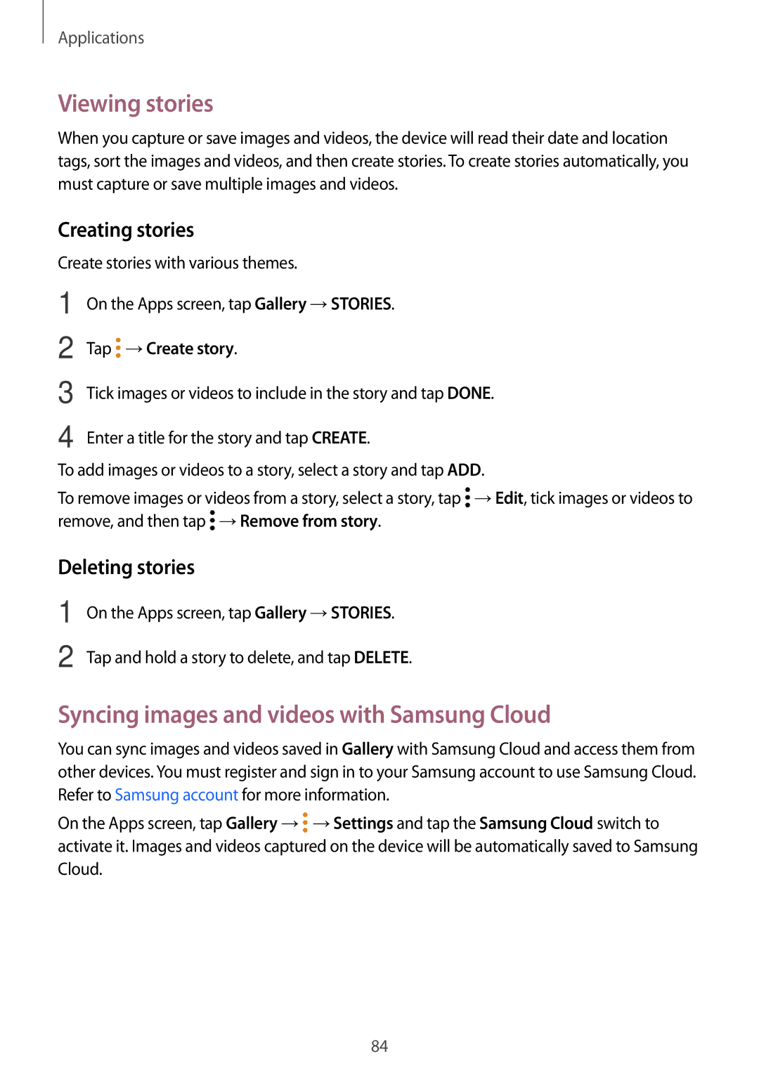 Samsung SM-P585NZKAKSA Viewing stories, Syncing images and videos with Samsung Cloud, Creating stories, Deleting stories 