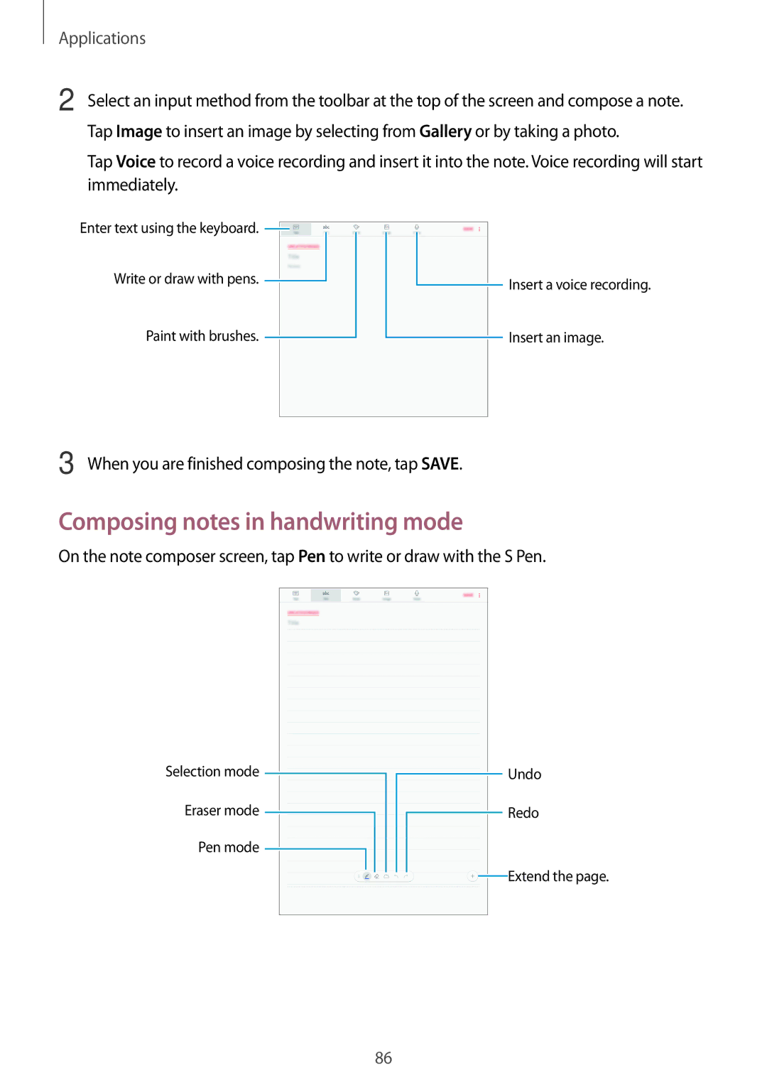 Samsung SM-P585YZWAXXV manual Composing notes in handwriting mode, When you are finished composing the note, tap Save 