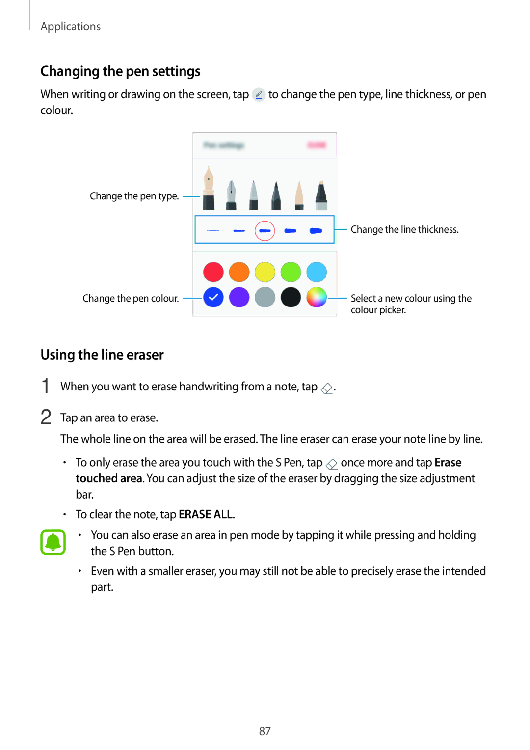 Samsung SM-P585YZKAXXV, SM-P585NZKAKSA, SM-P585NZWAKSA, SM-P585YZWAXXV manual Changing the pen settings, Using the line eraser 