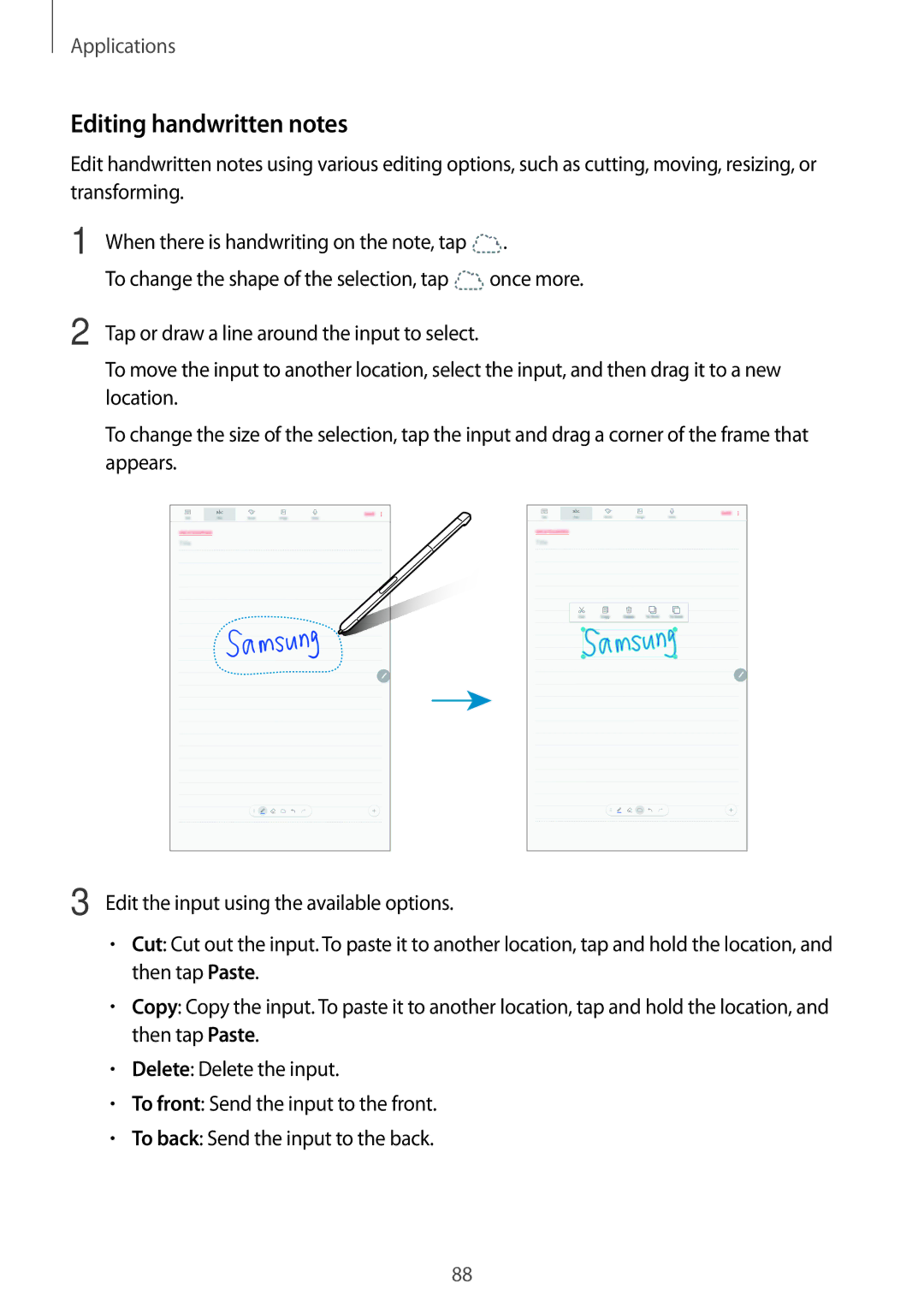 Samsung SM-P585NZKAKSA, SM-P585NZWAKSA, SM-P585YZWAXXV, SM-P585YZKAXXV manual Editing handwritten notes 