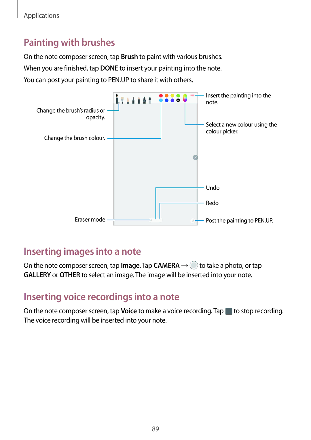 Samsung SM-P585NZWAKSA manual Painting with brushes, Inserting images into a note, Inserting voice recordings into a note 