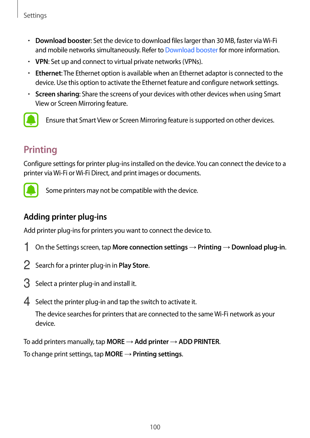 Samsung SM-P585NZKAKSA, SM-P585NZWAKSA, SM-P585YZWAXXV, SM-P585YZKAXXV manual Printing, Adding printer plug-ins 