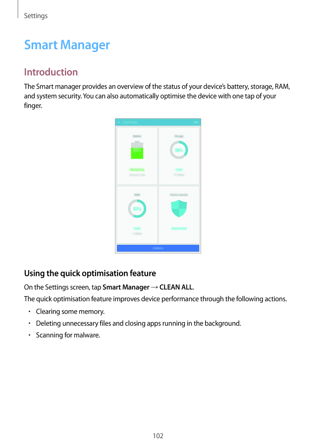 Samsung SM-P585YZWAXXV, SM-P585NZKAKSA, SM-P585NZWAKSA, SM-P585YZKAXXV Smart Manager, Using the quick optimisation feature 