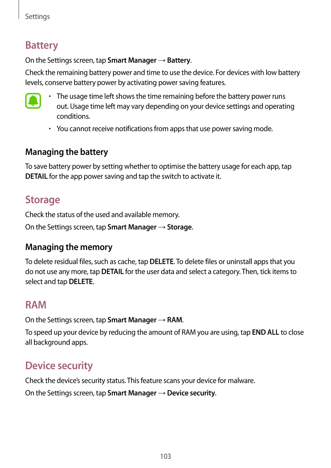 Samsung SM-P585YZKAXXV, SM-P585NZKAKSA manual Battery, Storage, Device security, Managing the battery, Managing the memory 