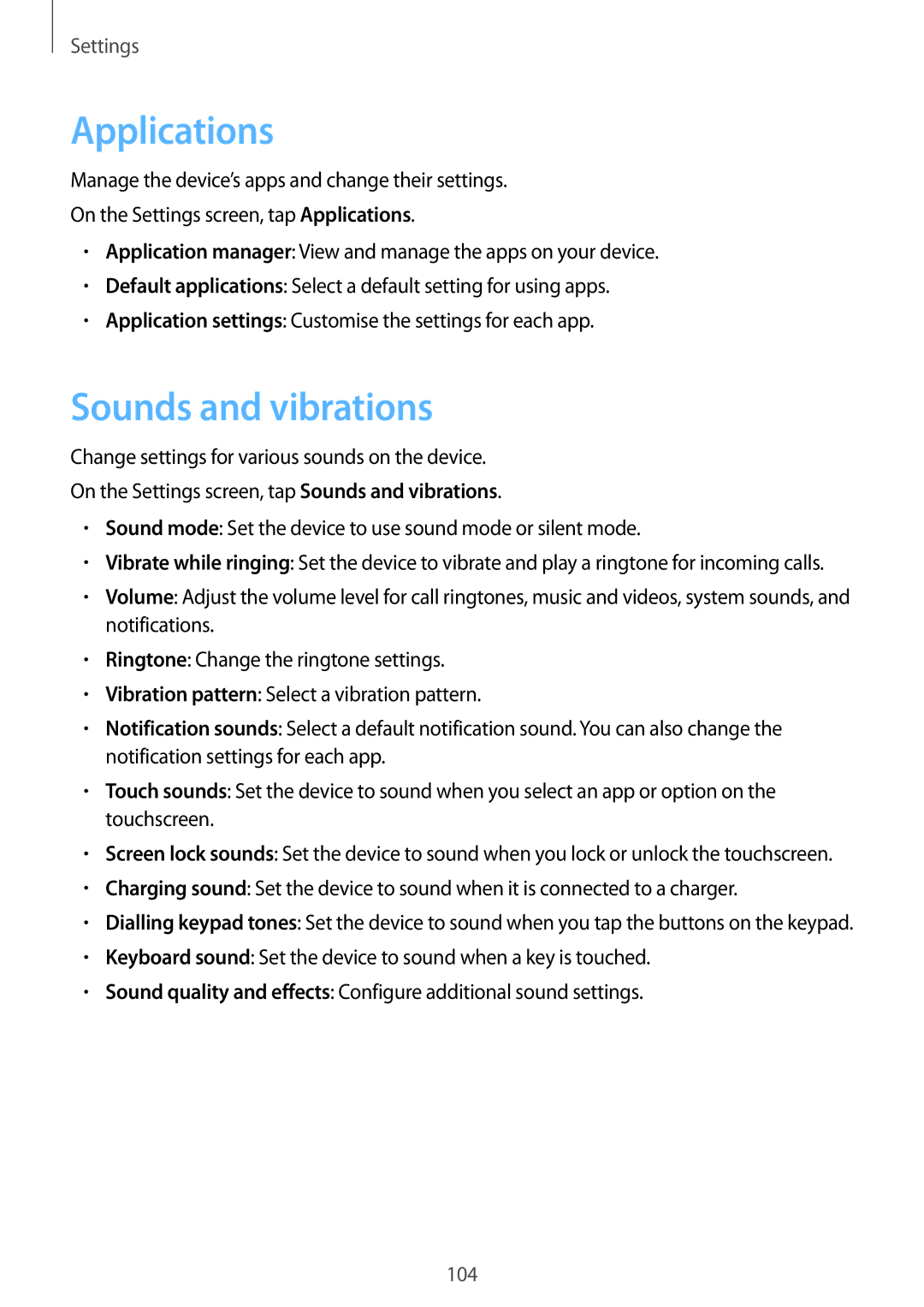 Samsung SM-P585NZKAKSA, SM-P585NZWAKSA, SM-P585YZWAXXV, SM-P585YZKAXXV manual Applications, Sounds and vibrations 