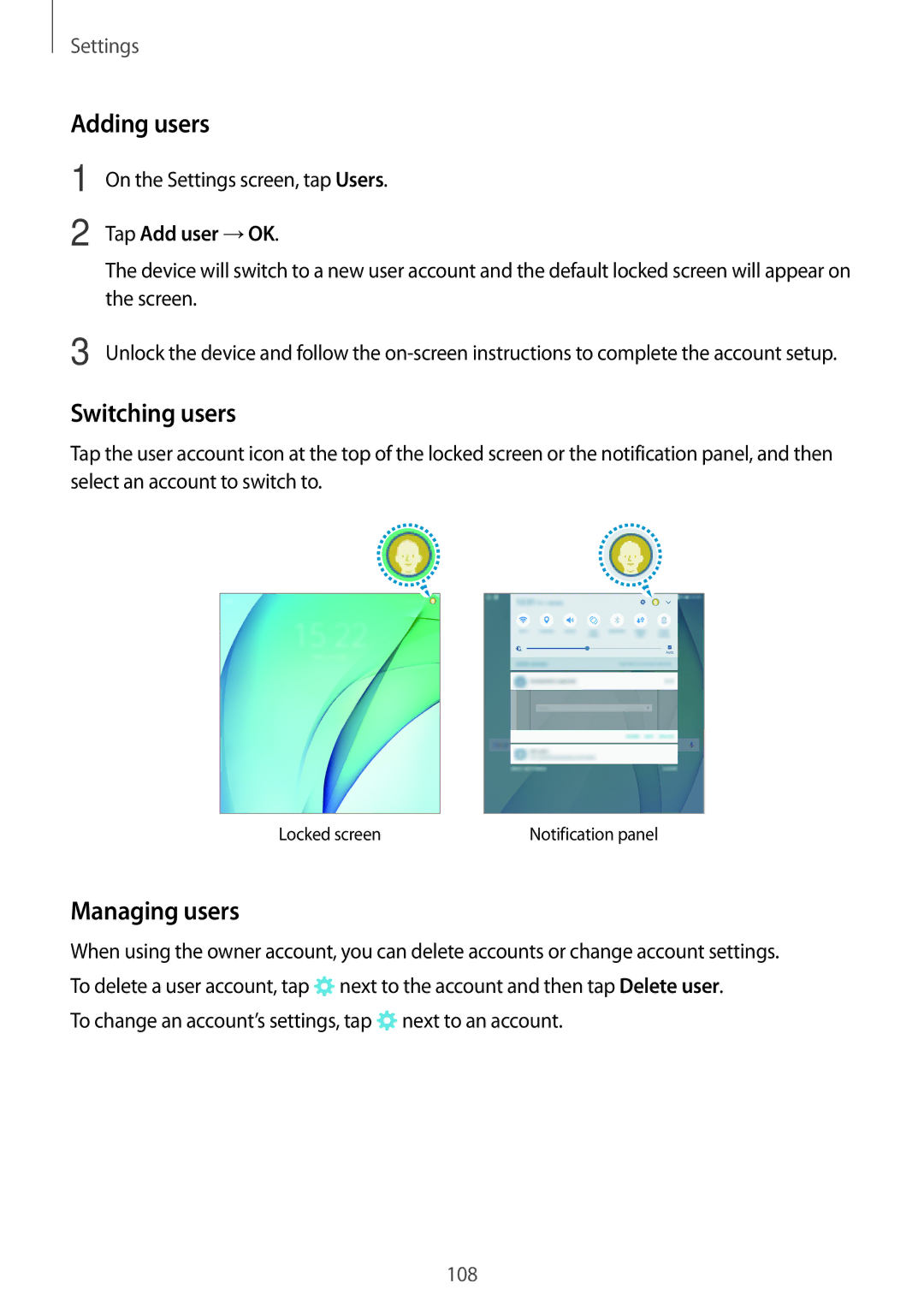 Samsung SM-P585NZKAKSA, SM-P585NZWAKSA, SM-P585YZWAXXV manual Adding users, Switching users, Managing users, Tap Add user →OK 
