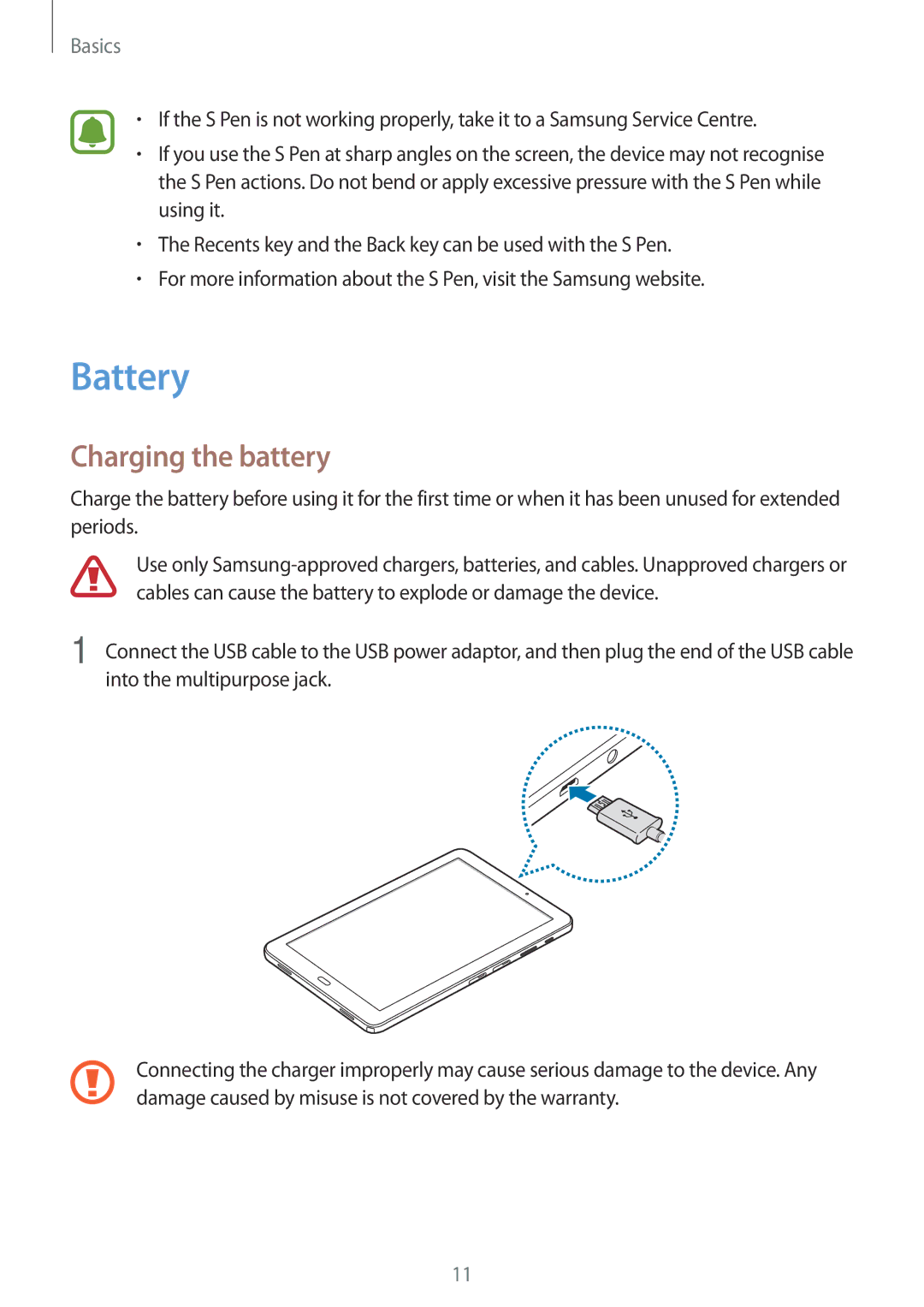 Samsung SM-P585YZKAXXV, SM-P585NZKAKSA, SM-P585NZWAKSA, SM-P585YZWAXXV manual Battery, Charging the battery 