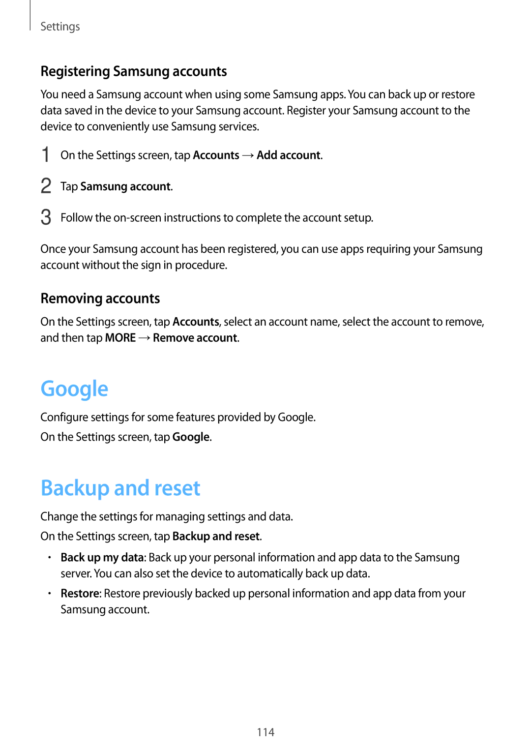 Samsung SM-P585YZWAXXV, SM-P585NZKAKSA manual Google, Backup and reset, Registering Samsung accounts, Removing accounts 