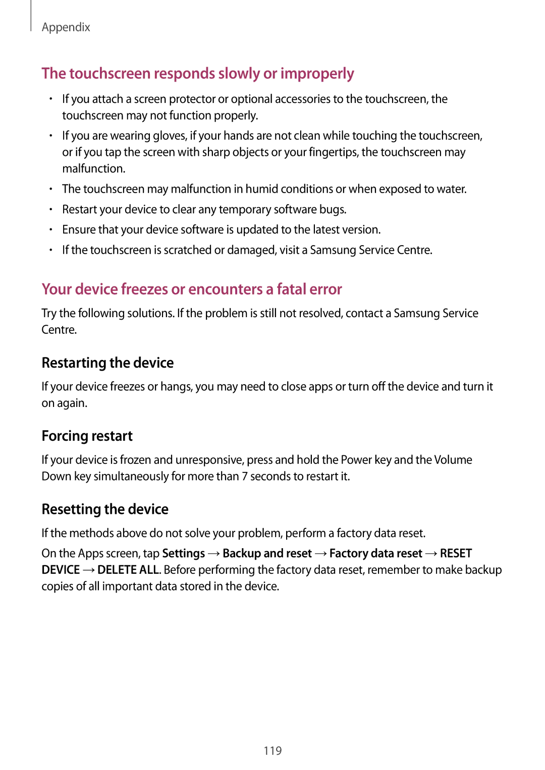 Samsung SM-P585YZKAXXV, SM-P585NZKAKSA, SM-P585NZWAKSA, SM-P585YZWAXXV manual Forcing restart, Resetting the device 