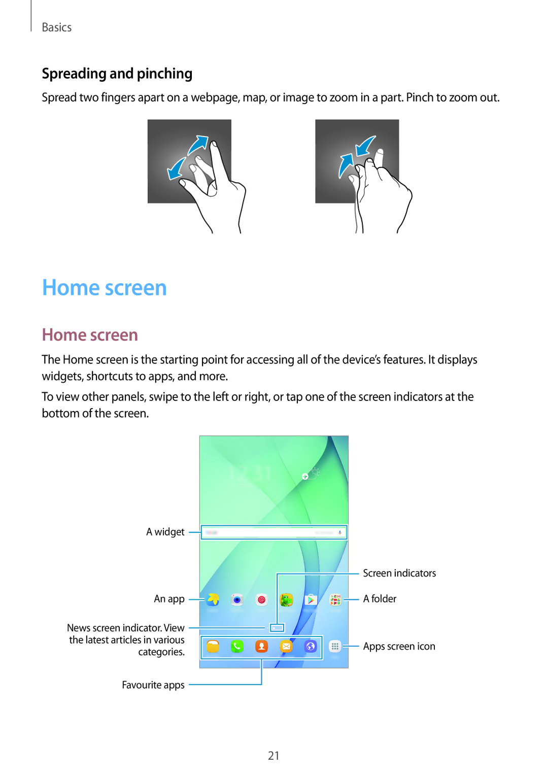 Samsung SM-P585NZWAKSA, SM-P585NZKAKSA, SM-P585YZWAXXV, SM-P585YZKAXXV manual Home screen, Spreading and pinching 