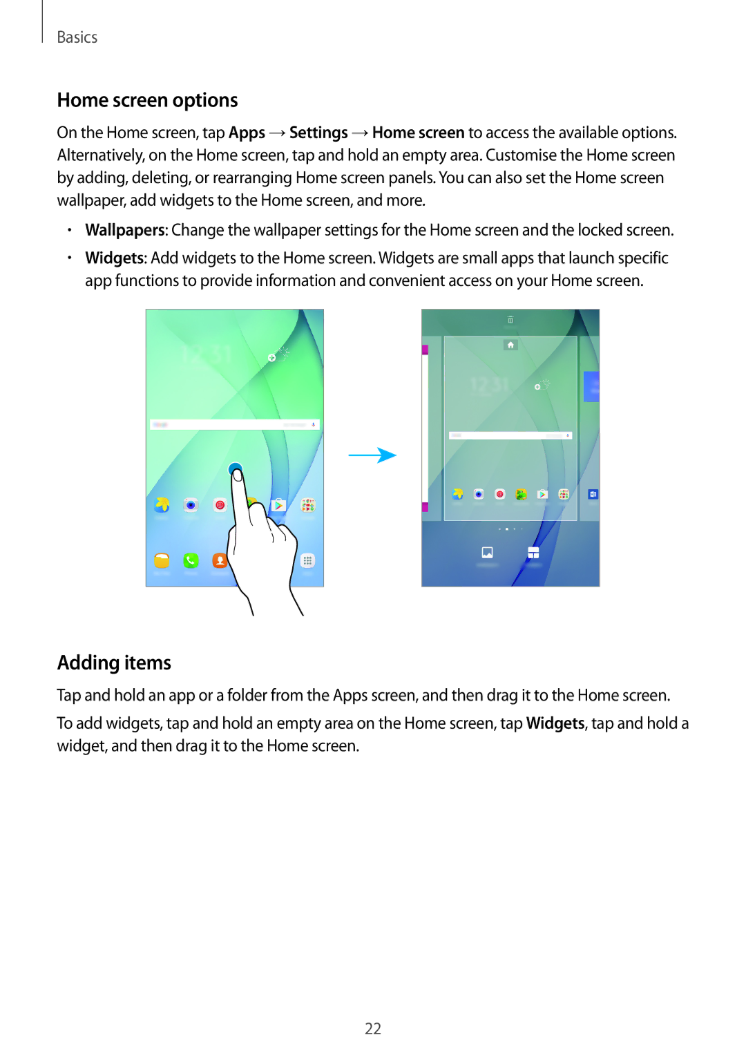 Samsung SM-P585YZWAXXV, SM-P585NZKAKSA, SM-P585NZWAKSA, SM-P585YZKAXXV manual Home screen options, Adding items 