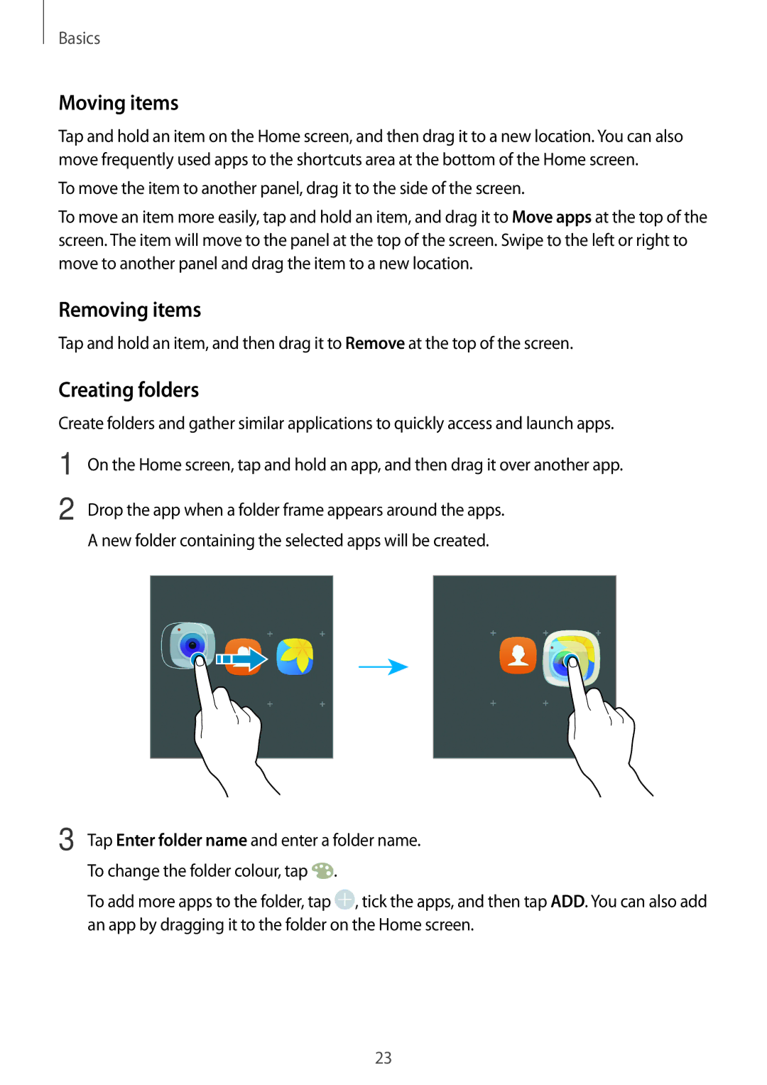Samsung SM-P585YZKAXXV, SM-P585NZKAKSA, SM-P585NZWAKSA, SM-P585YZWAXXV manual Moving items, Removing items, Creating folders 